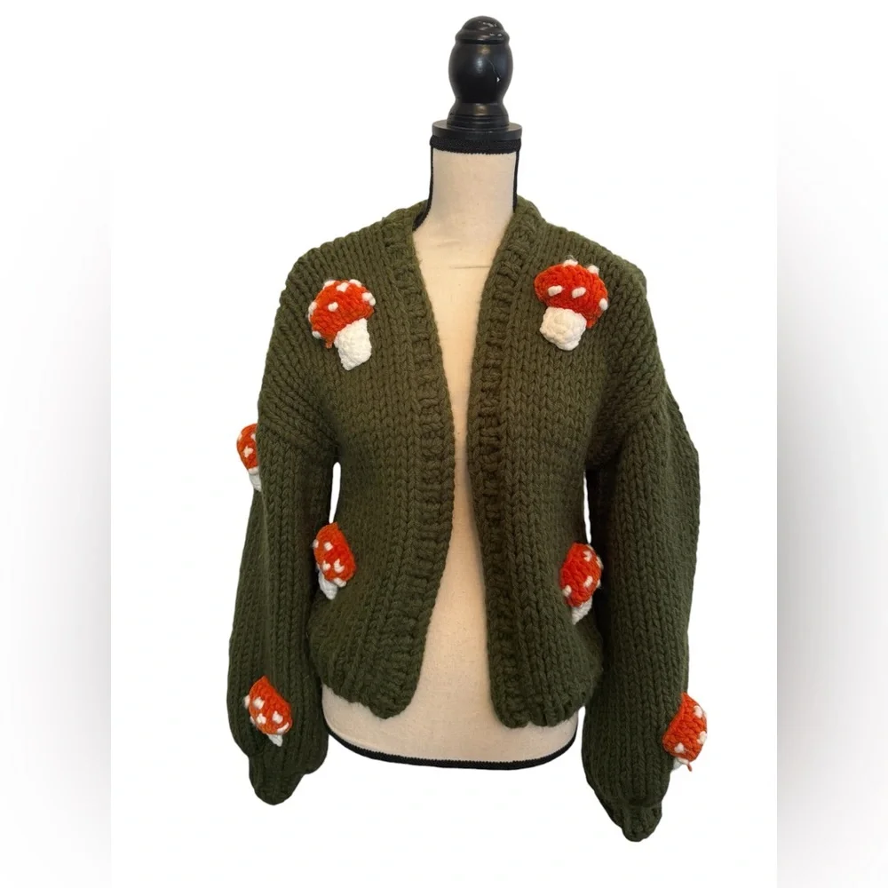Society Mano Mushroom Green Cropped Chunky Cardigan Sweater Women S/ MSRP$249 - Picture 5 of 10